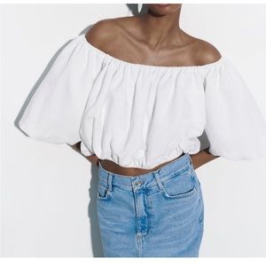 Zara White Off Shoulder Flounce Crop Top